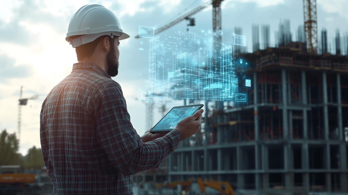 Construction site manager reviewing a digital 3D building model on a tablet at an active construction site