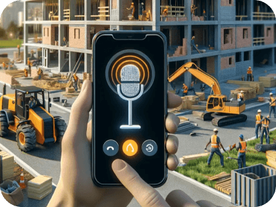 Smartphone avec icône de microphone devant une illustration de chantier