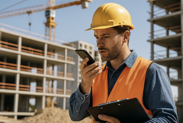Trabajador de la construcción con casco y chaleco de seguridad hablando por su smartphone en la obra, sosteniendo una tablilla con sujetapapeles