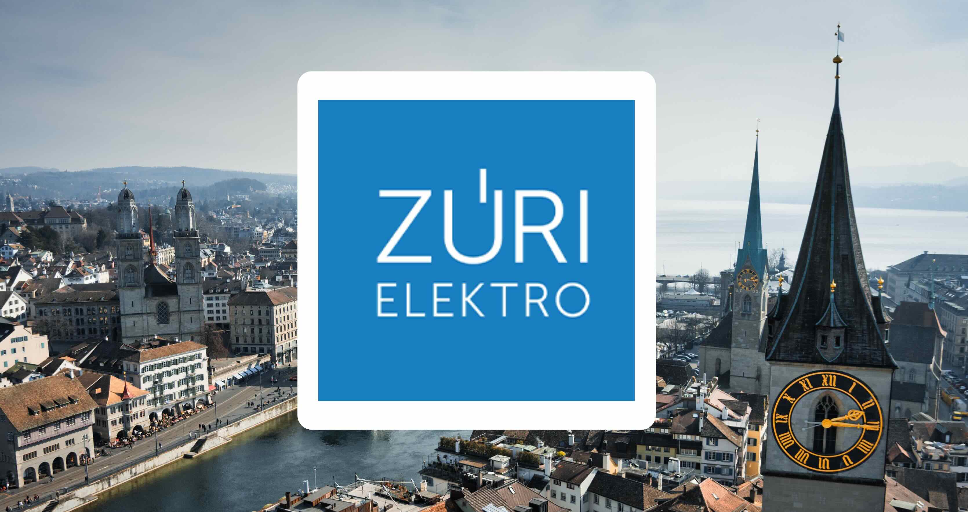 Zurich skyline with church towers and the lake, Züri Elektro logo