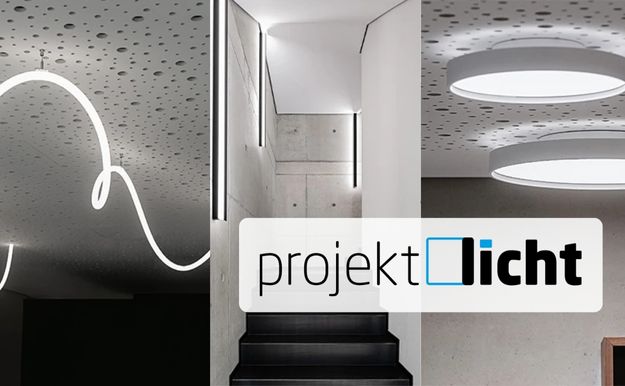 Collage de fotos de proyectos de iluminación con el logotipo de projektlicht