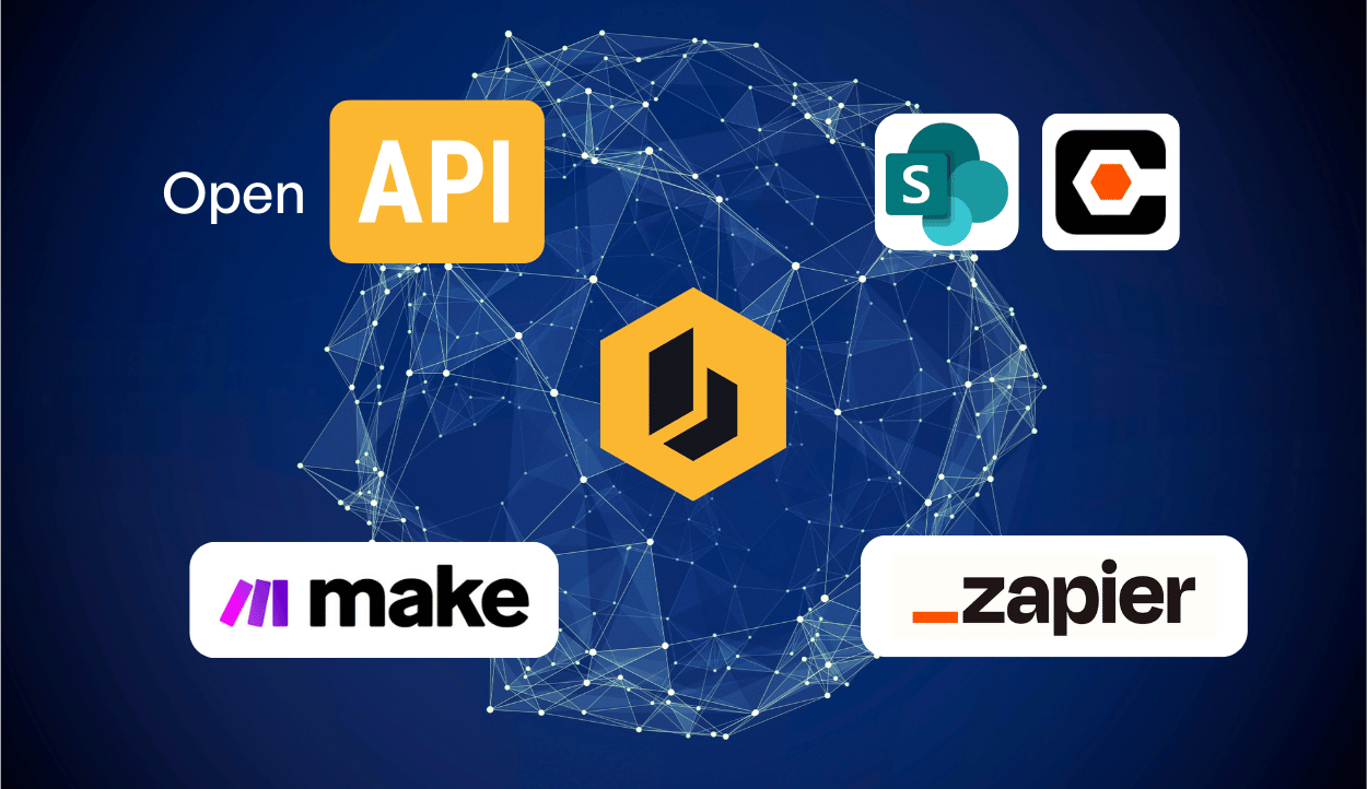 Graphique illustrant les intégrations de Benetics AI avec Open API, SharePoint, Make et Zapier