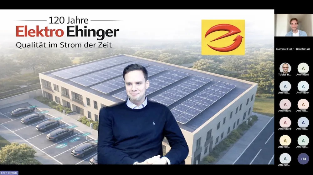 Screenshot einer Videokonferenz zum 120-jährigen Jubiläum von Elektro Ehinger mit Präsentation und Teilnehmenden
