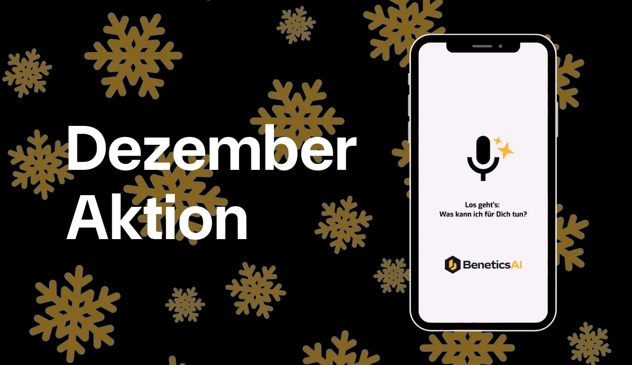 Schwarze Grafik mit Schneeflocken zur Dezember-Aktion von Benetics AI und einem Smartphone mit Sprachassistenten-Symbol