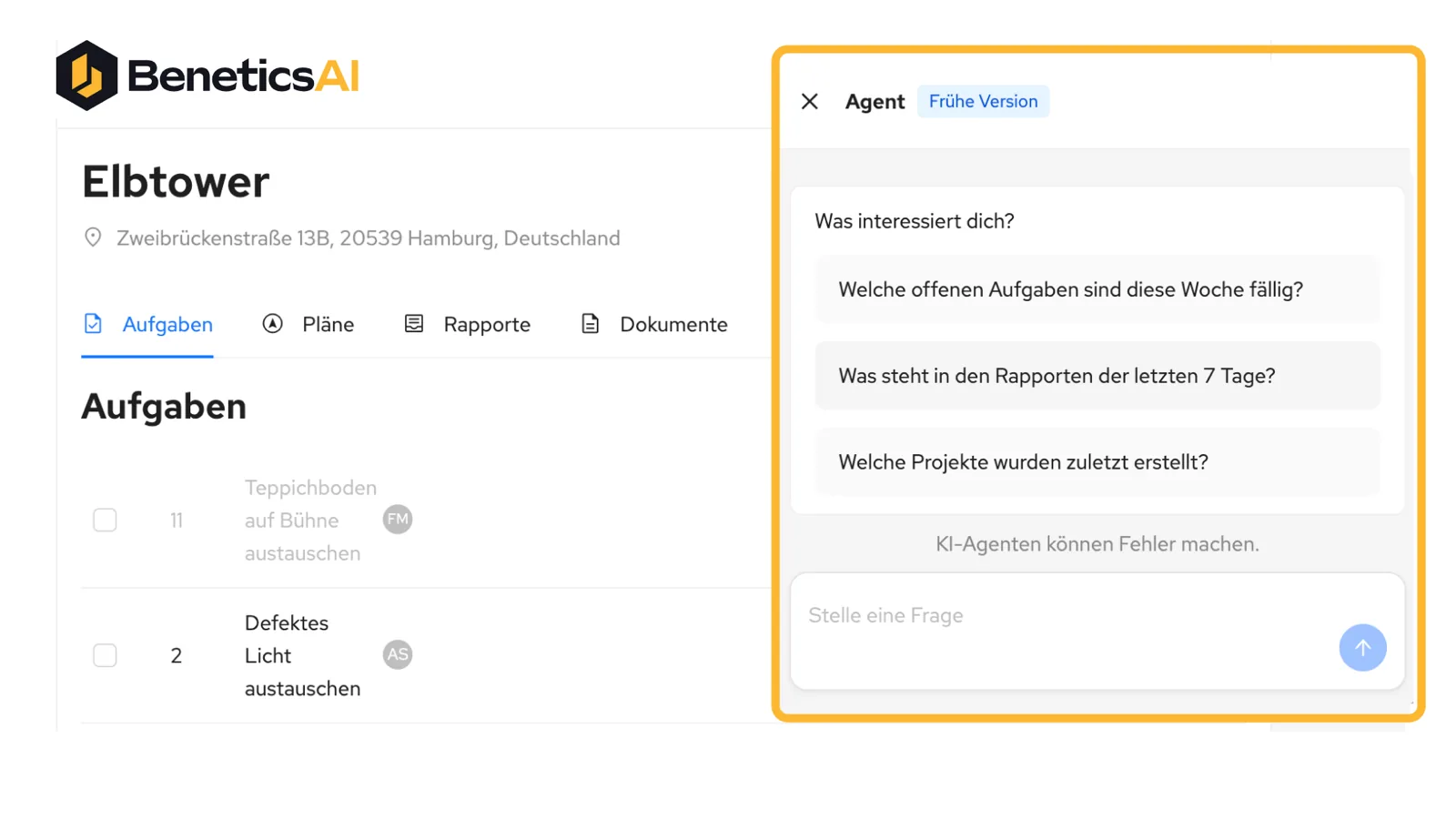 Capture d'écran de l'interface Benetics AI avec la liste des tâches du projet Elbtower et le chat de l'agent IA