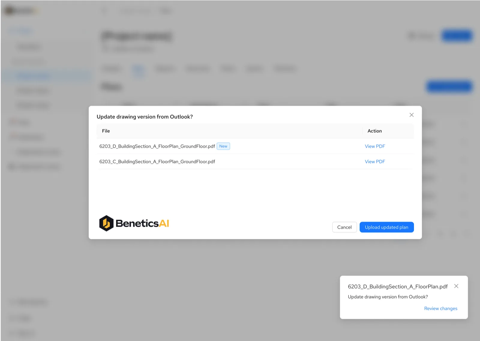 Capture d'écran de l'interface Benetics AI montrant la boîte de dialogue de mise à jour d'une version de plan depuis Outlook