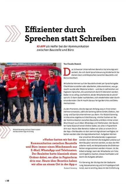 Zeitschriftenseite „Effizienter durch Sprechen statt Schreiben“ mit Teamfoto vor einem Firmenfahrzeug