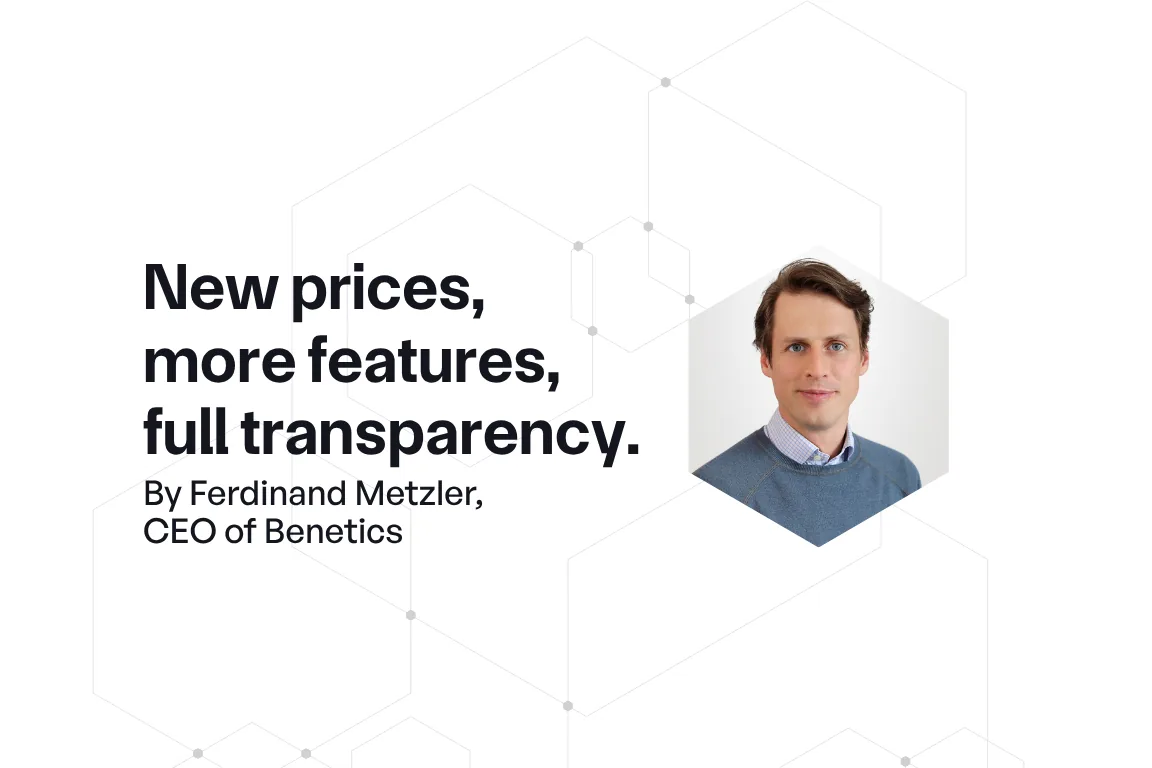 Portrait of Ferdinand Metzler, CEO of Benetics, next to the title "New prices, more features, full transparency"