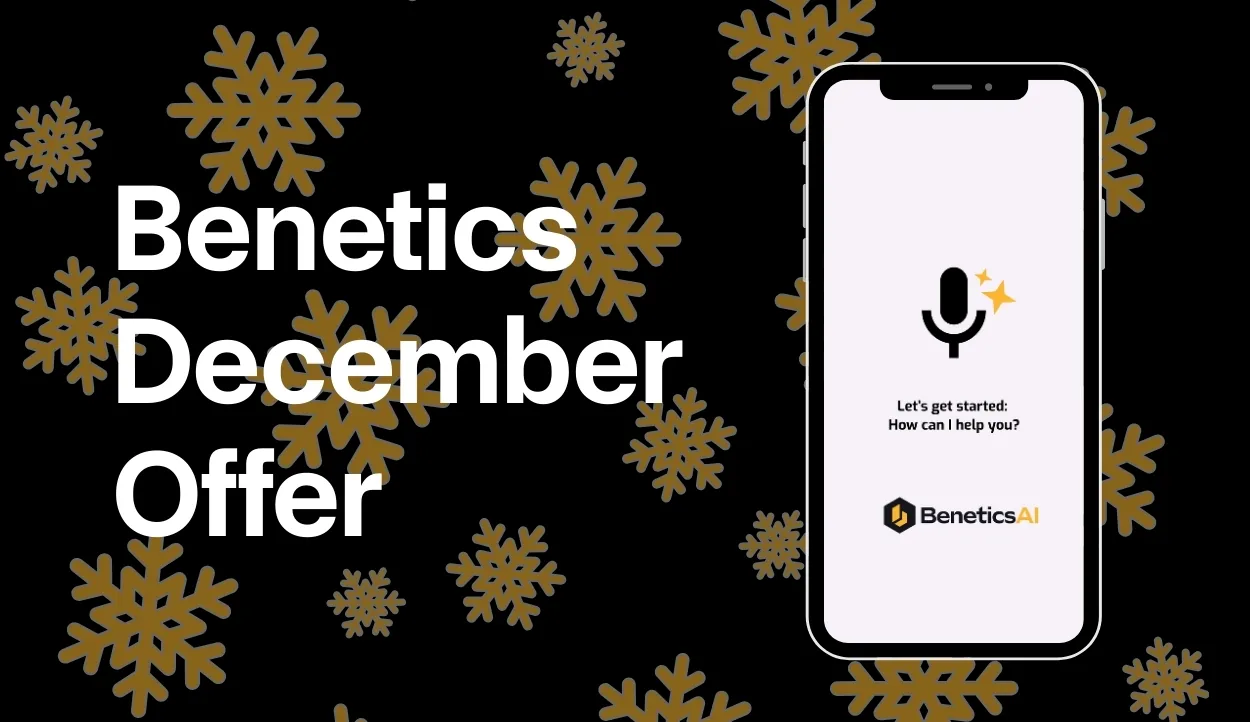 Black graphic with snowflakes for the Benetics AI December offer, showing a smartphone with the voice assistant icon