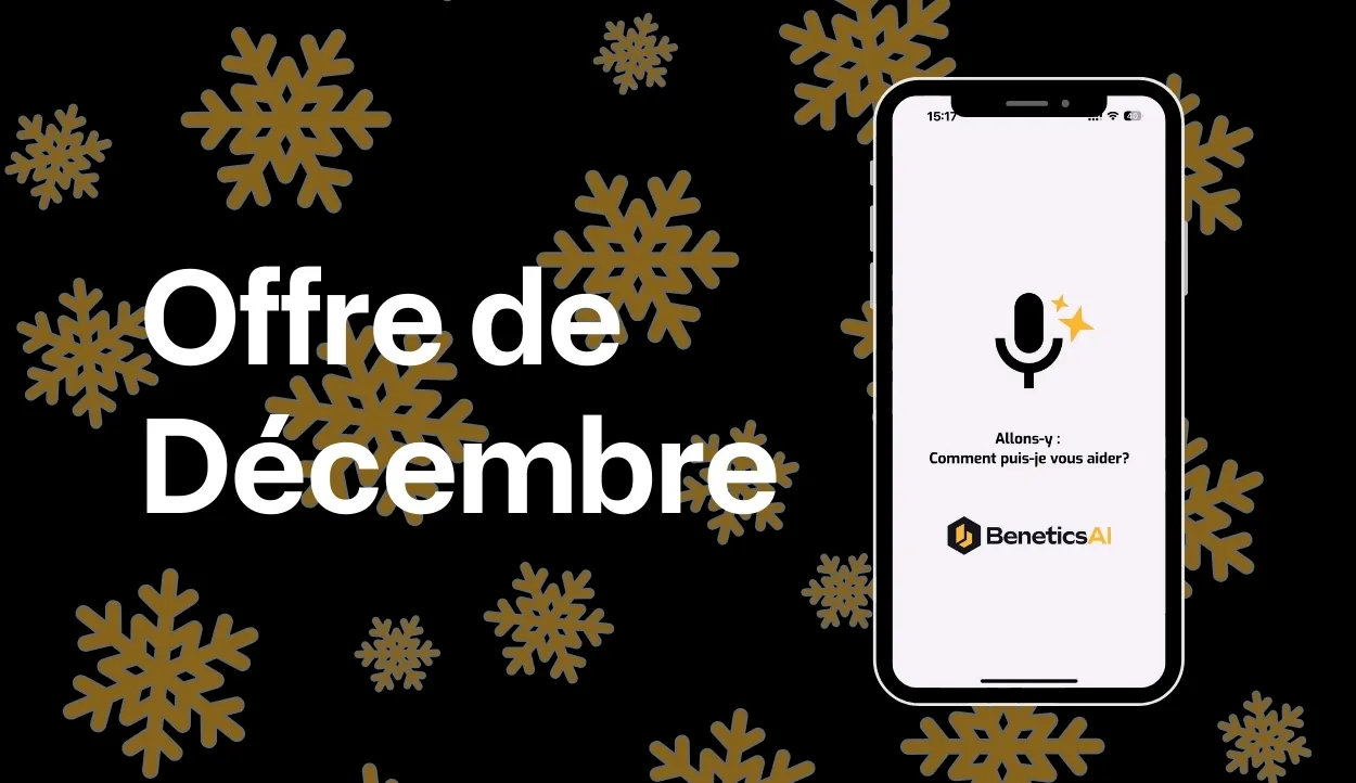 Visuel noir avec flocons de neige pour l'offre de décembre de Benetics AI, avec un smartphone affichant l'icône de l'assistant vocal