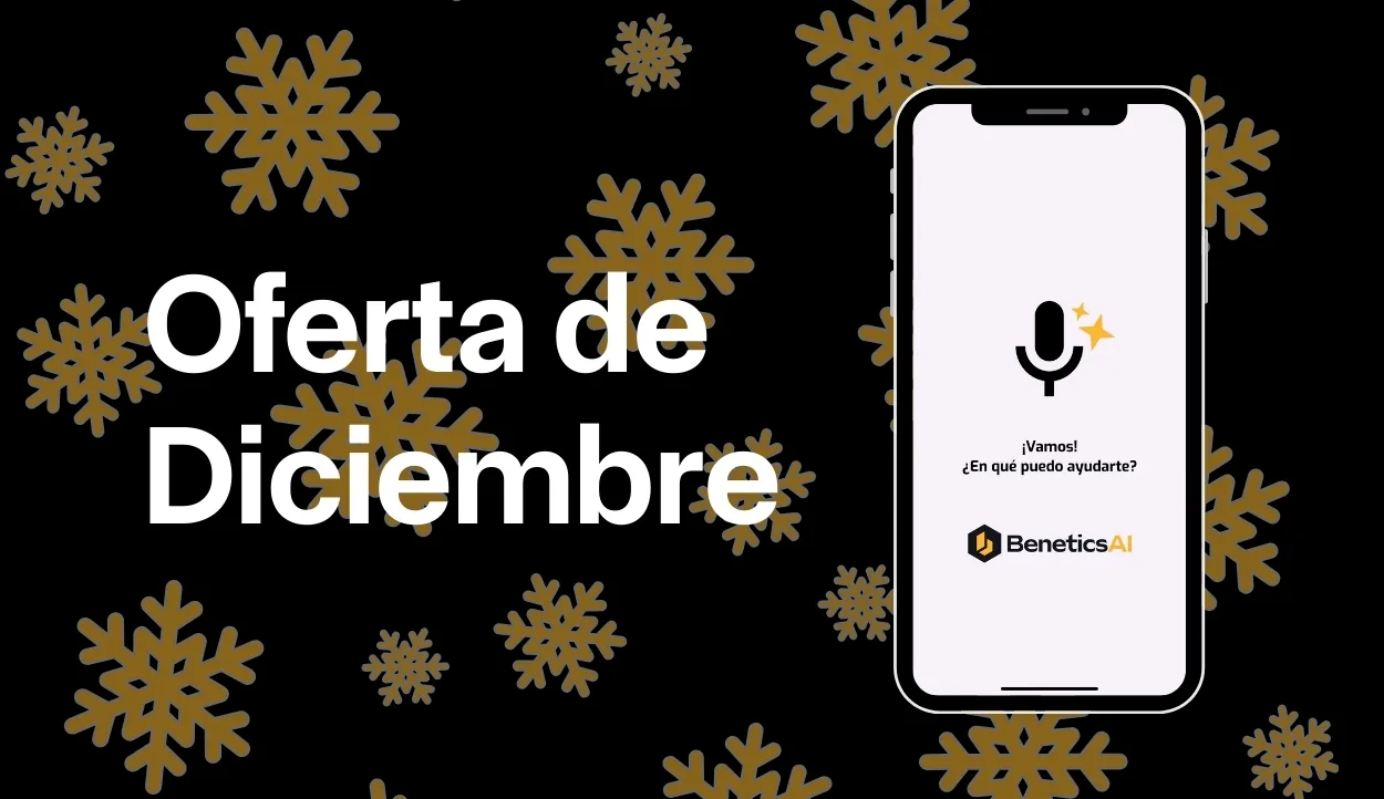 Gráfico negro con copos de nieve para la oferta de diciembre de Benetics AI, con un smartphone que muestra el icono del asistente de voz