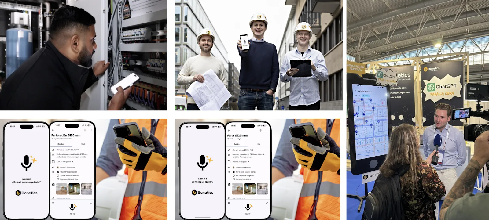 Collage de fotos: un electricista trabajando en un tablero eléctrico, un equipo con cascos sosteniendo planos y un móvil, una entrevista en una feria y capturas de la app Benetics en distintos idiomas