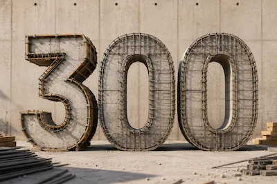 Große Zahl 300 aus Baustahl vor einer Betonwand