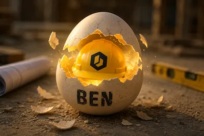 Aufgebrochene Eierschale mit Ben-Logo auf einer Baustelle