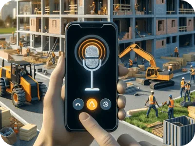 Smartphone mit Mikrofon-Symbol vor einer Baustellenillustration
