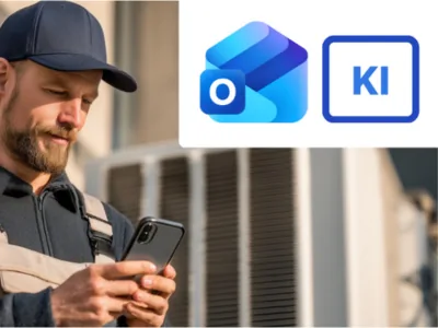 Bauarbeiter nutzt Smartphone neben Outlook- und KI-Symbolen