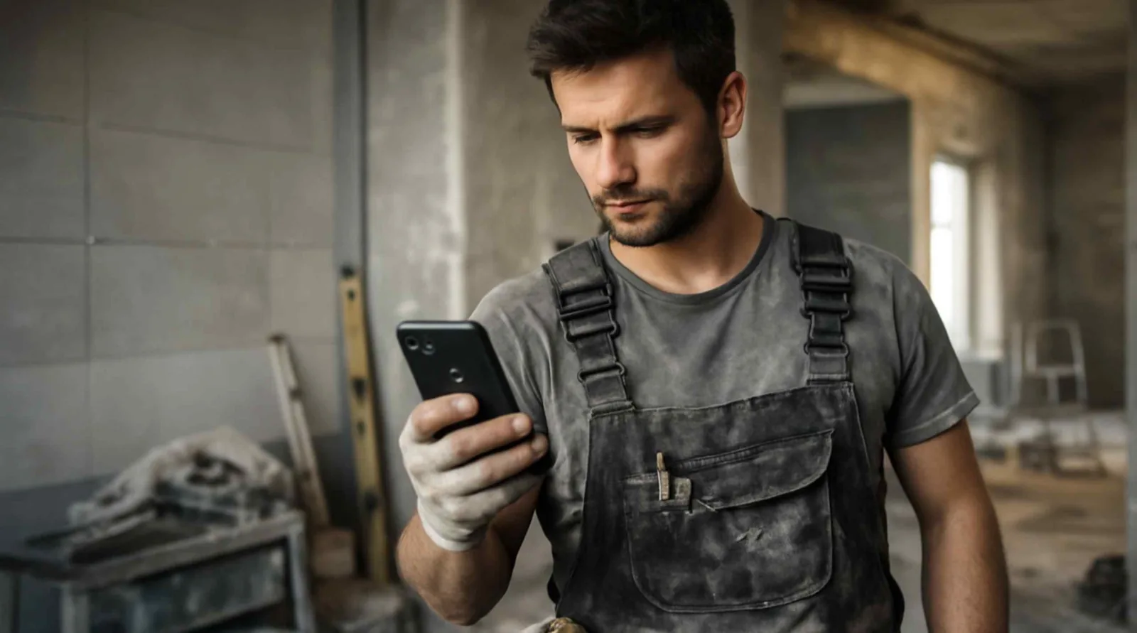 Fliesenleger in Arbeitskleidung schaut konzentriert auf sein Smartphone auf einer Baustelle