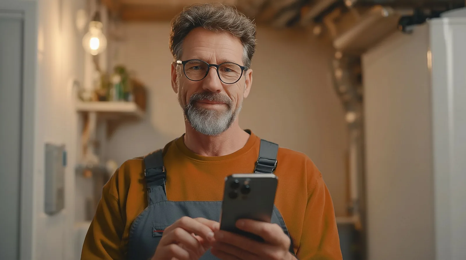 Handwerker mit Brille nutzt sein Smartphone.