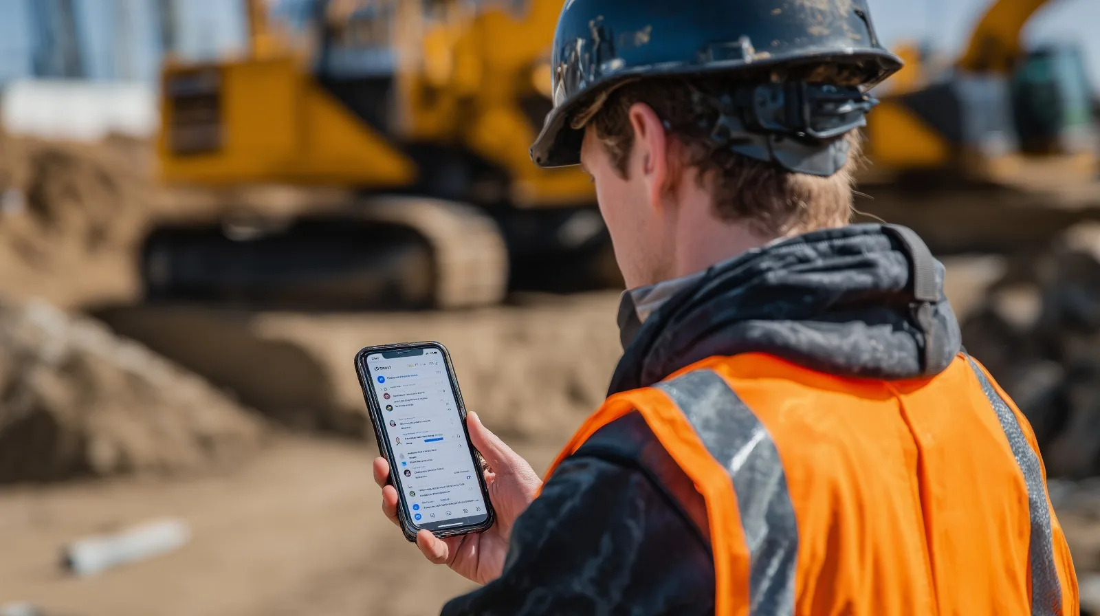 Bauarbeiter nutzt Smartphone auf einer Baustelle.