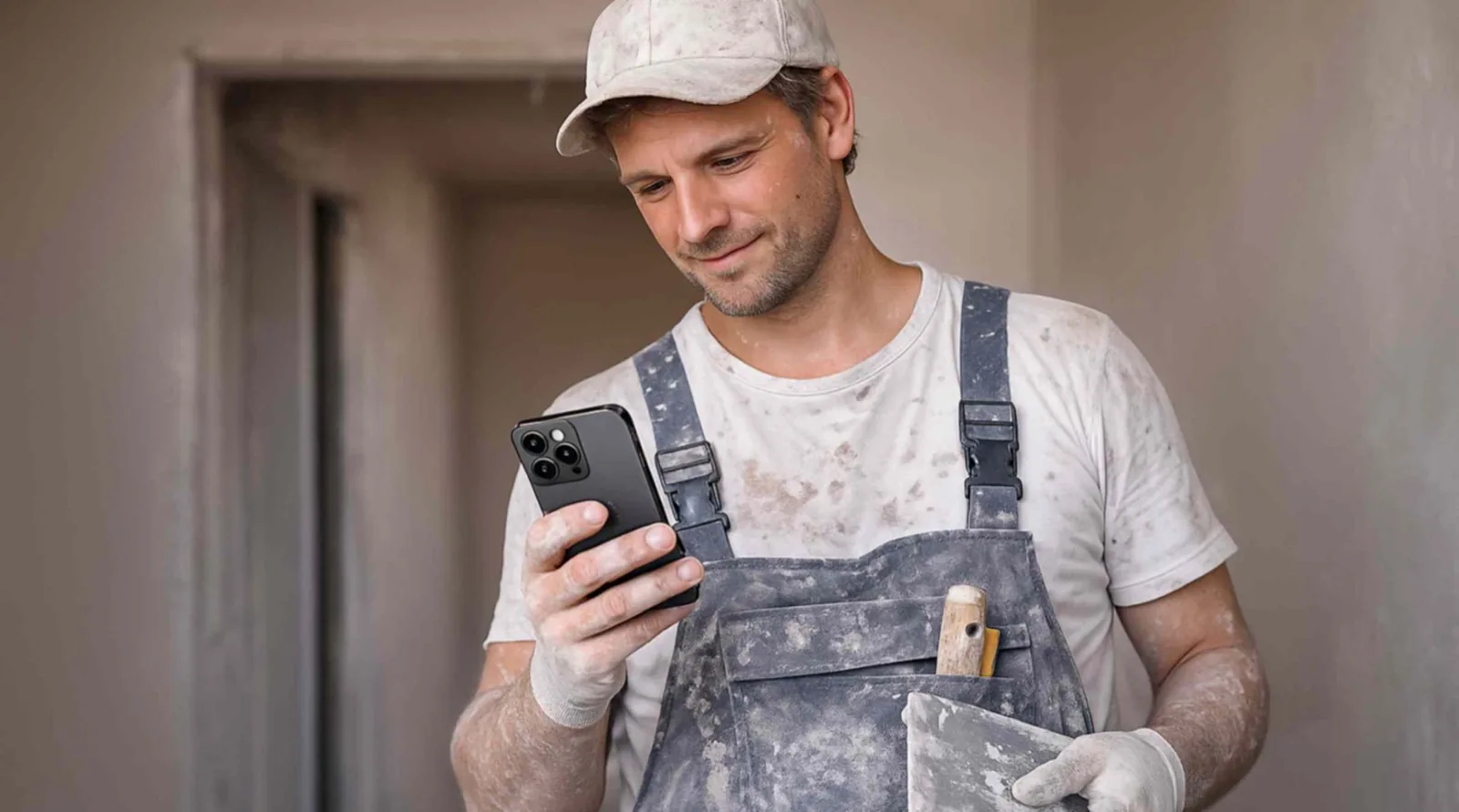 Trockenbauer in staubiger Arbeitskleidung schaut auf sein Smartphone in einem unverputzten Flur