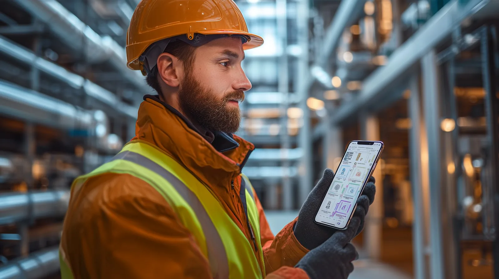 Bauarbeiter mit Schutzhelm prüft eine App auf dem Smartphone.