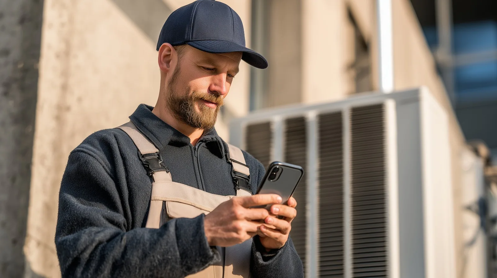 Handwerker im Arbeitsoutfit nutzt sein Smartphone.