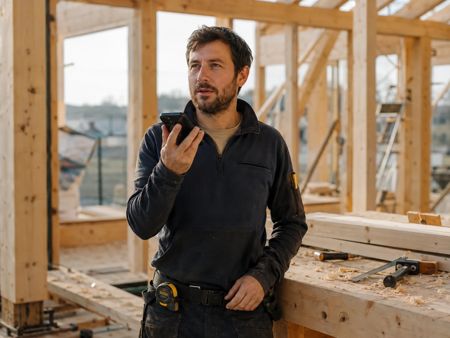 Charpentier parle dans son smartphone dans une ossature en bois, chevrons et établi avec des outils à l'arrière-plan