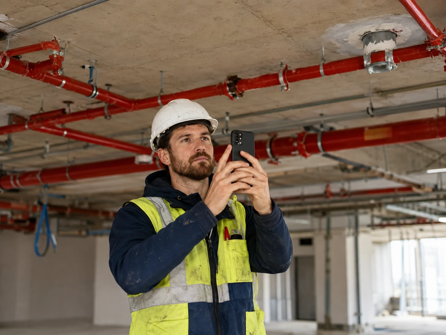 Bauleiter mit Helm und Warnweste fotografiert mit dem Smartphone rote Sprinklerleitungen an einer Rohbaudecke
