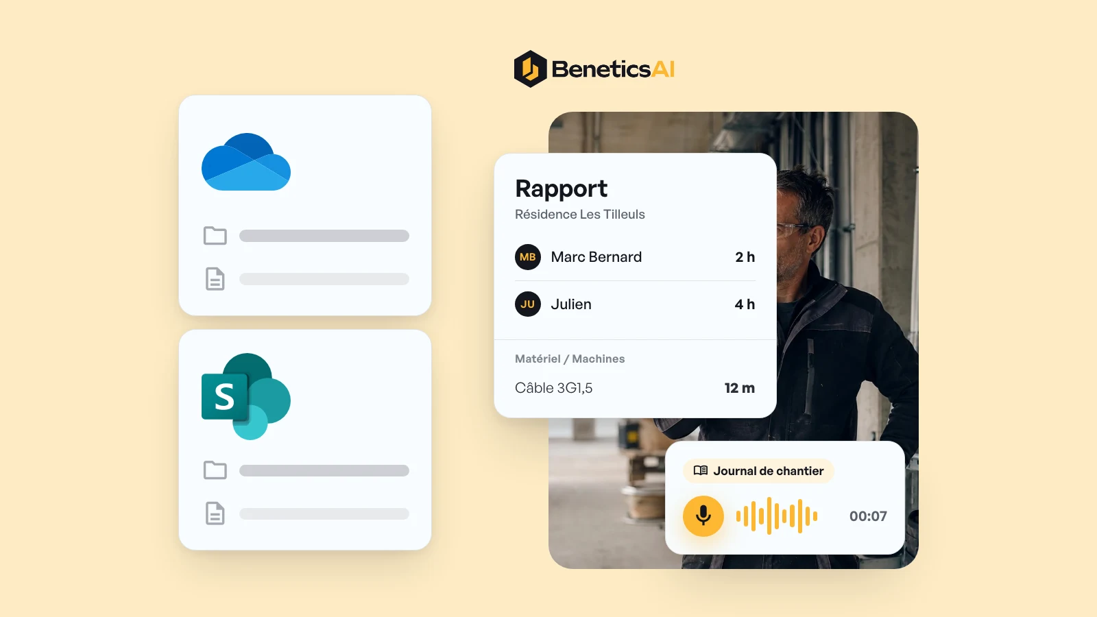 Illustration : stockage de fichiers OneDrive et SharePoint à côté de l’app Benetics AI avec un rapport et un journal de chantier dicté sur le chantier