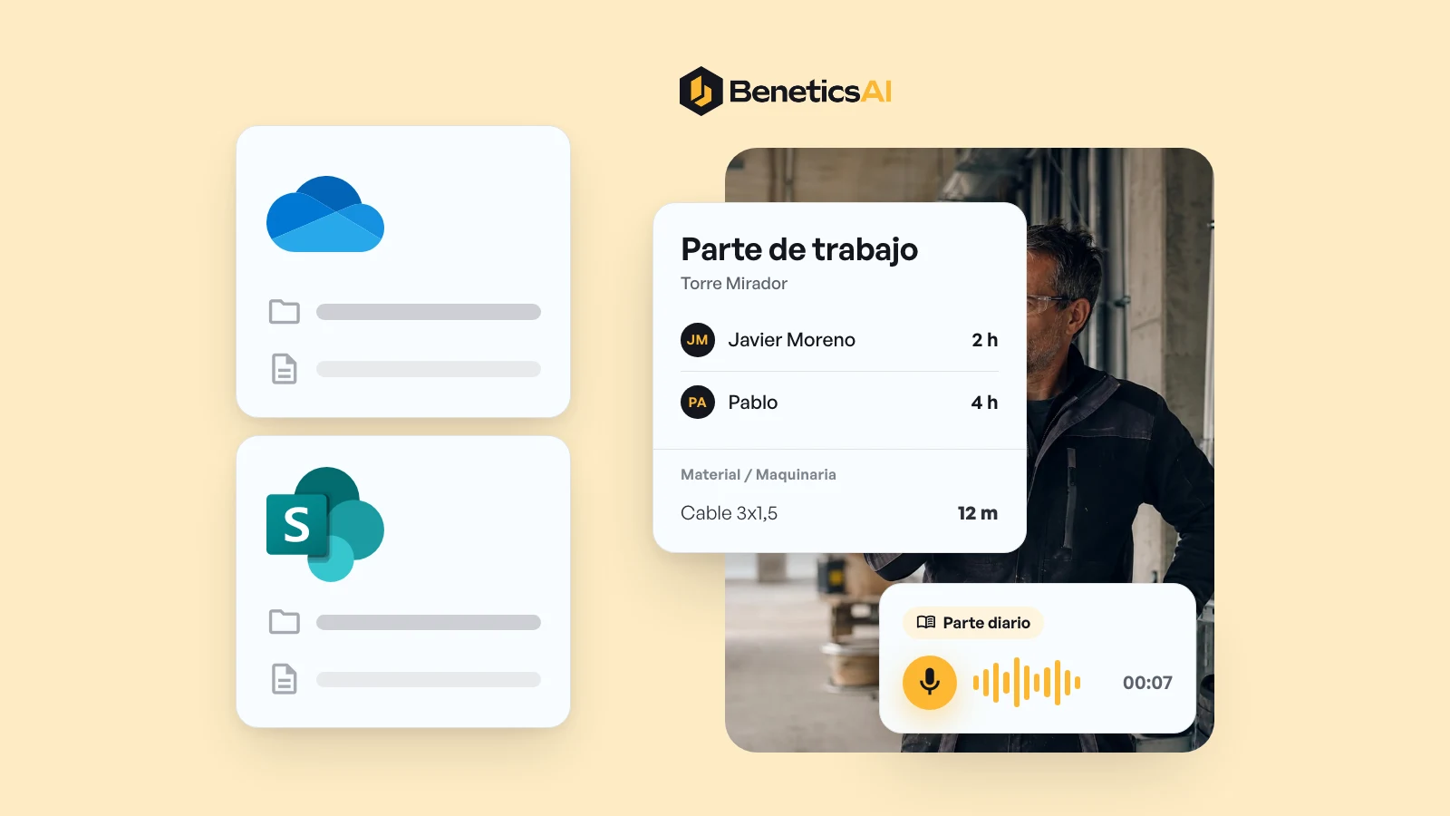 Imagen ilustrativa: archivos de OneDrive y SharePoint junto a la app de obra Benetics AI con parte de trabajo y diario de obra por voz