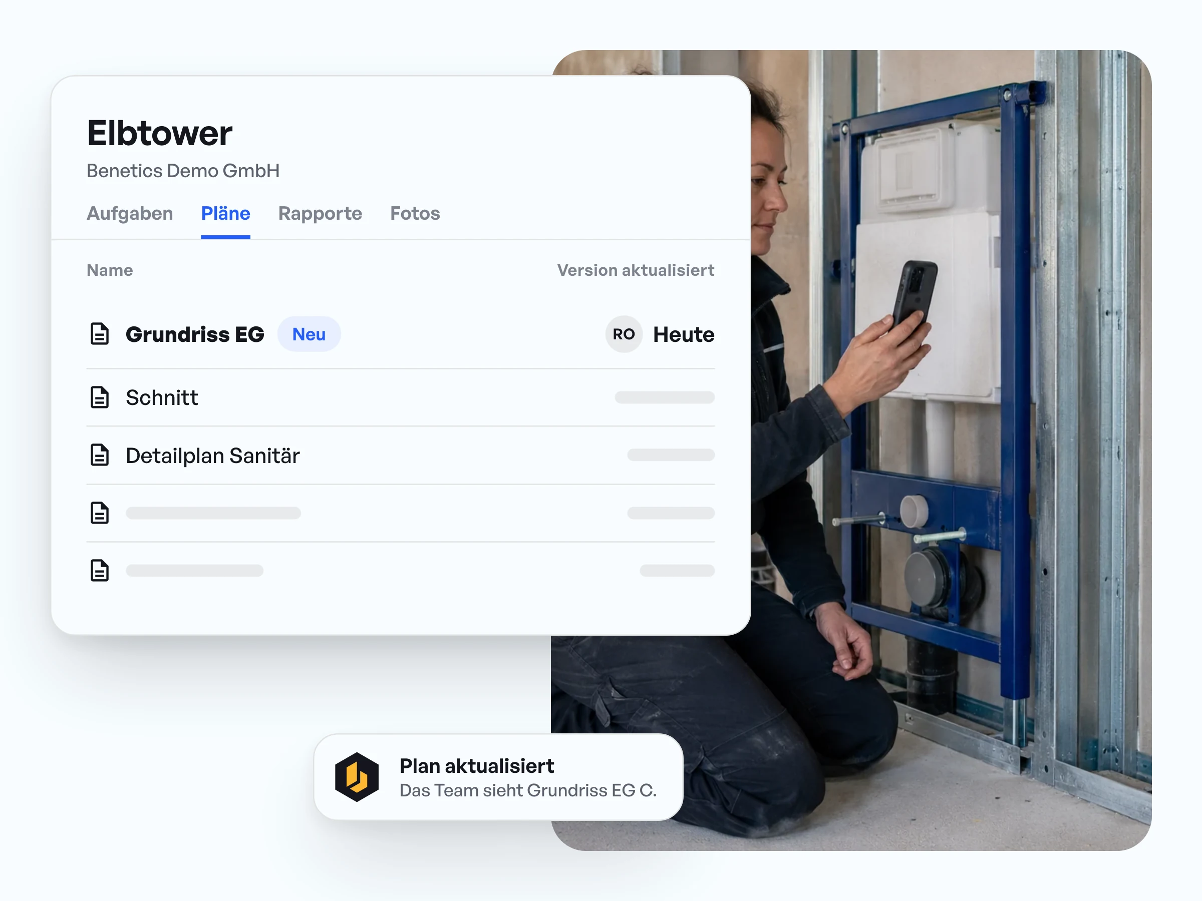 Tab Pläne im Projekt Elbtower mit Grundriss EG, Chip Neu und Version aktualisiert heute, dazu die Meldung Plan aktualisiert
