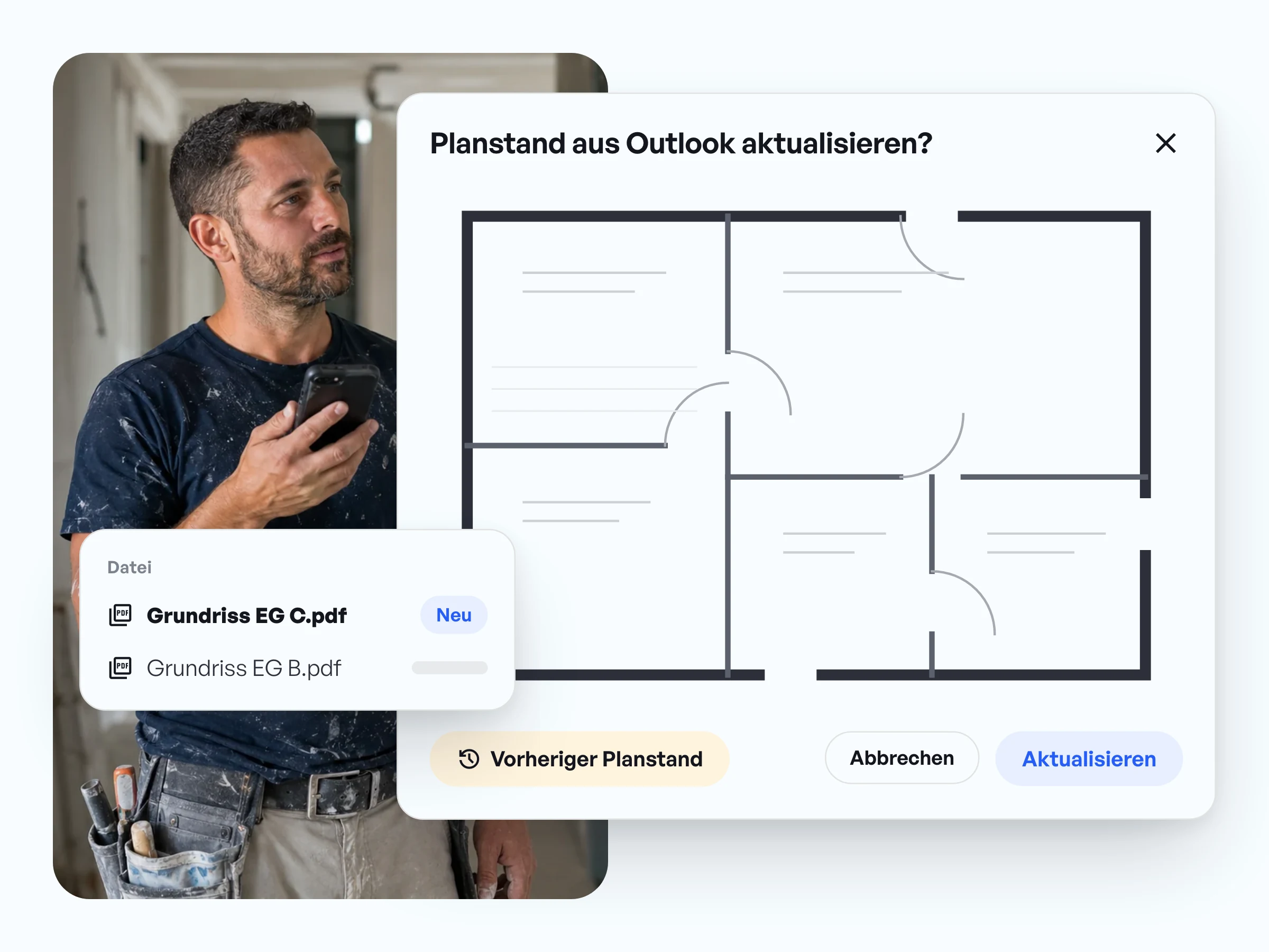 Vorschau des neuen Plans mit den Knöpfen Vorheriger Planstand, Abbrechen und Aktualisieren, daneben die Dateiliste