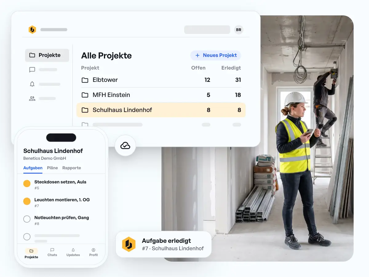 Dasselbe Projekt in der Web-App und in der mobilen App: Auf dem Handy wird eine Aufgabe erledigt, gleichzeitig zählt die Projektliste im Browser die offenen und erledigten Aufgaben von Schulhaus Lindenhof nach