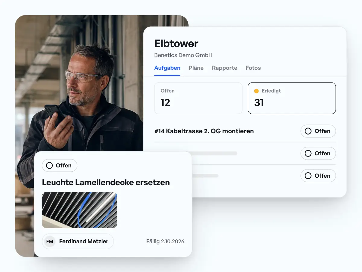 Projekt Elbtower mit 12 offenen und 31 erledigten Aufgaben, dazu eine offene Aufgabe mit Foto, Verantwortlichem und Fälligkeit