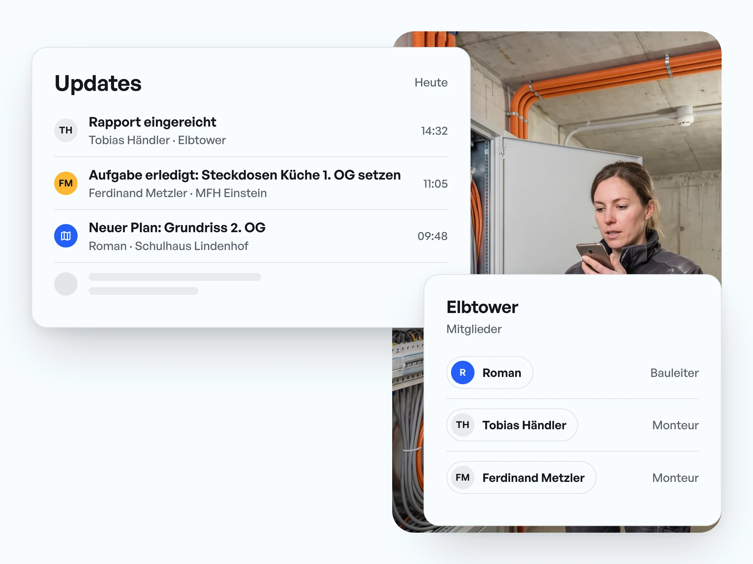 Updates von heute aus mehreren Projekten: Rapport eingereicht, Aufgabe erledigt, neuer Plan, dazu die Mitglieder des Projekts Elbtower