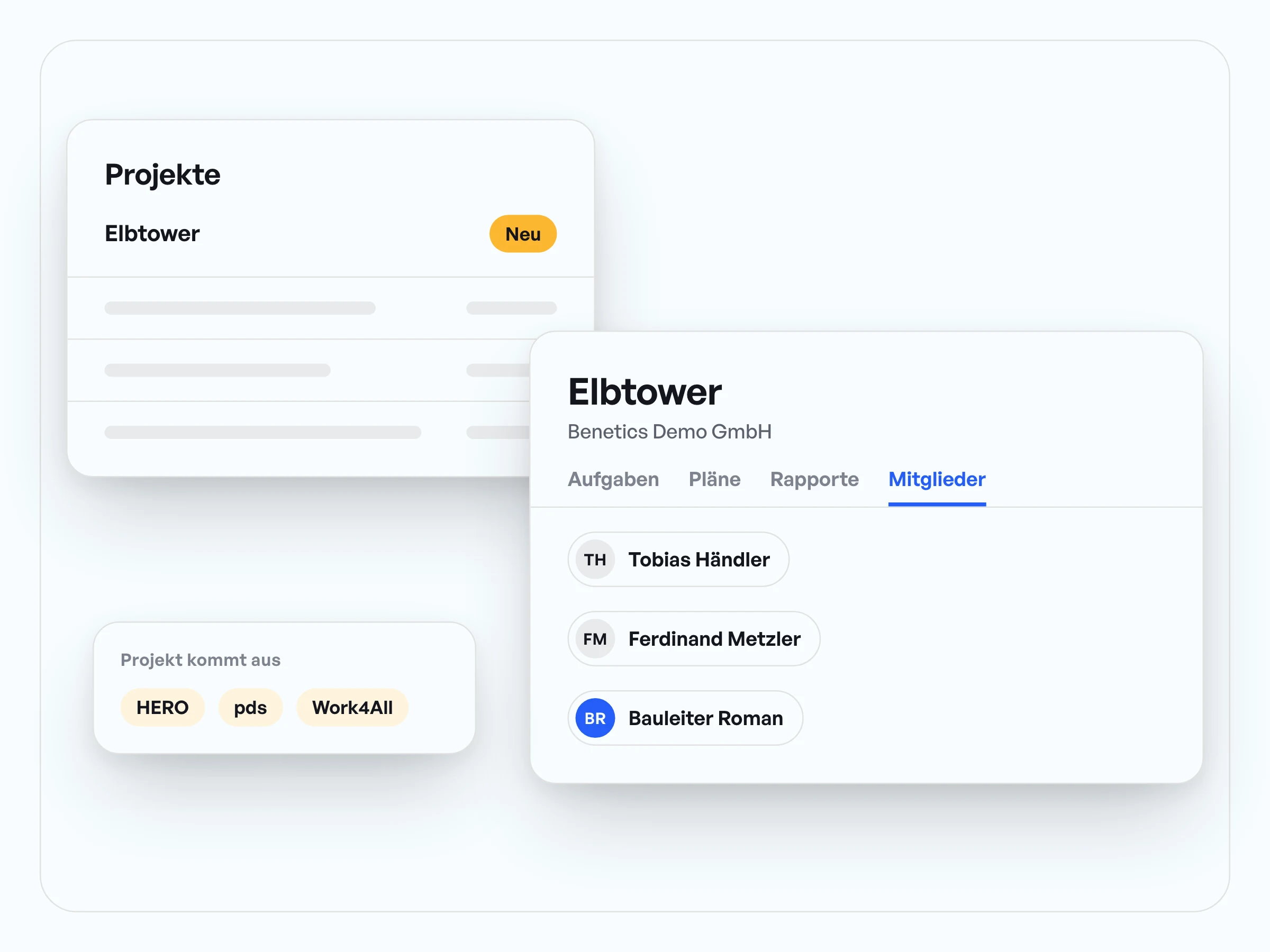 Neues Projekt Elbtower in der Projektliste, darunter Adresse und Mitglieder, übernommen aus HERO, pds oder Work4All