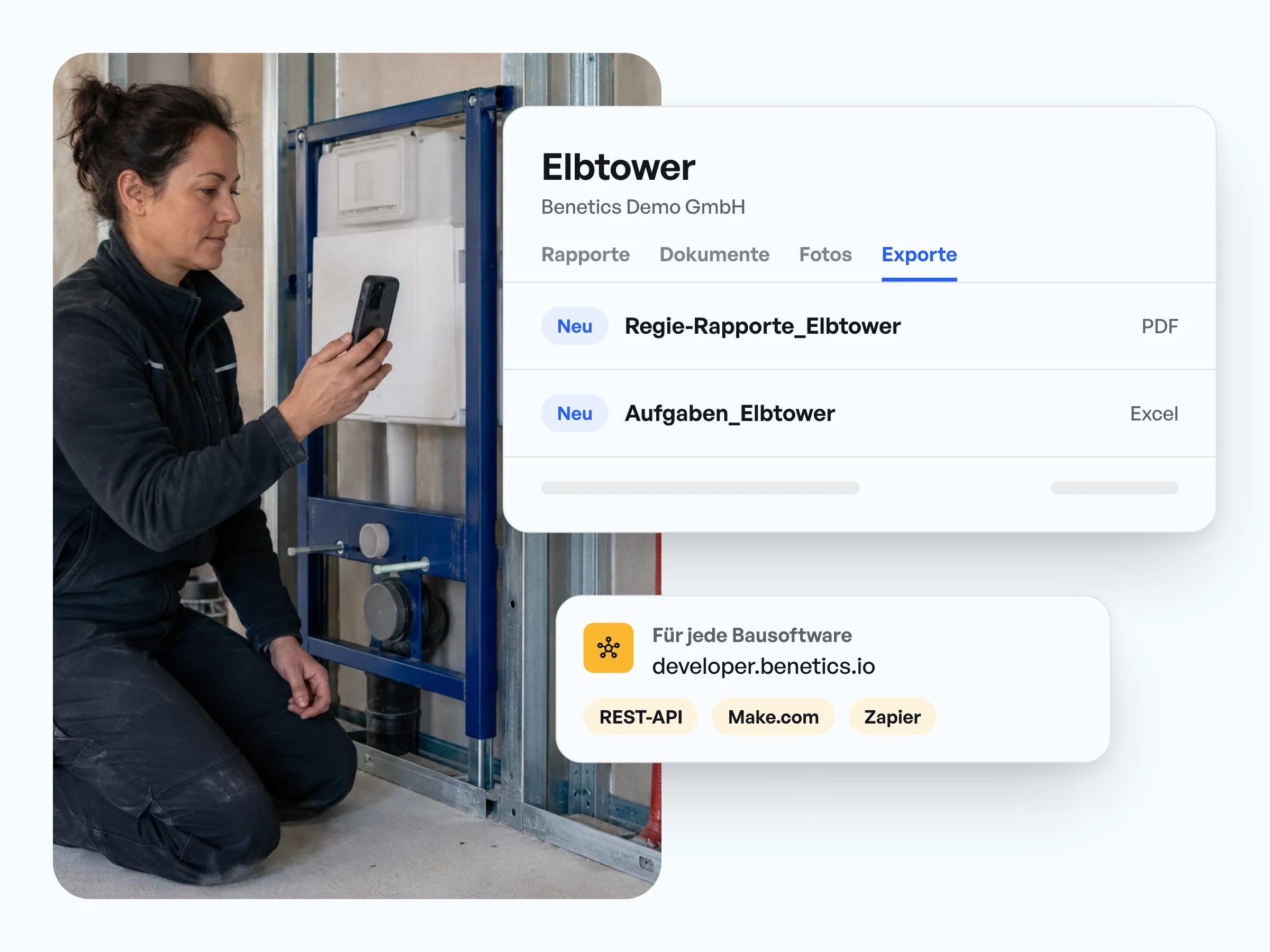 Tab Exporte im Projekt Elbtower mit Regie-Rapporten als PDF und Aufgaben als Excel, dazu REST-API, Make.com und Zapier
