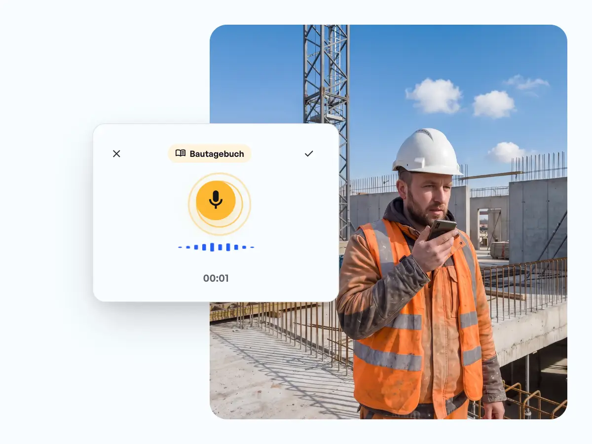 Sprachaufnahme im Bautagebuch der Benetics AI App mit Mikrofon und Pegelbalken, danach füllen sich Datum, Wetter, Tätigkeiten, Personal und Material / Maschinen