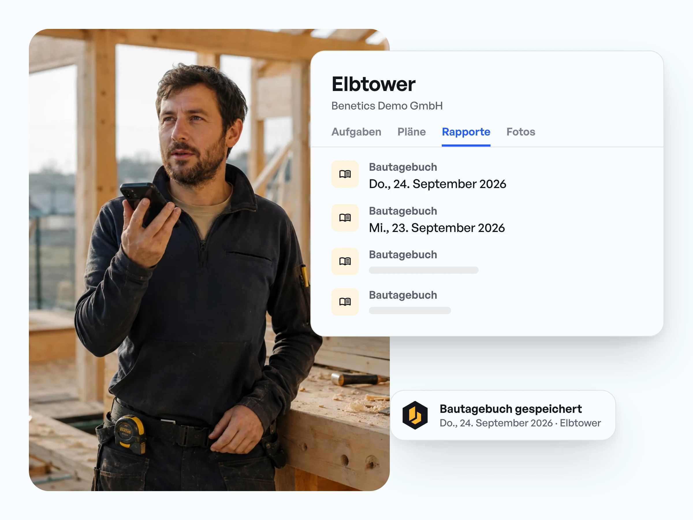 Projekt Elbtower im Tab Rapporte mit Bautagebuch-Einträgen vom 23. und 24. September 2026