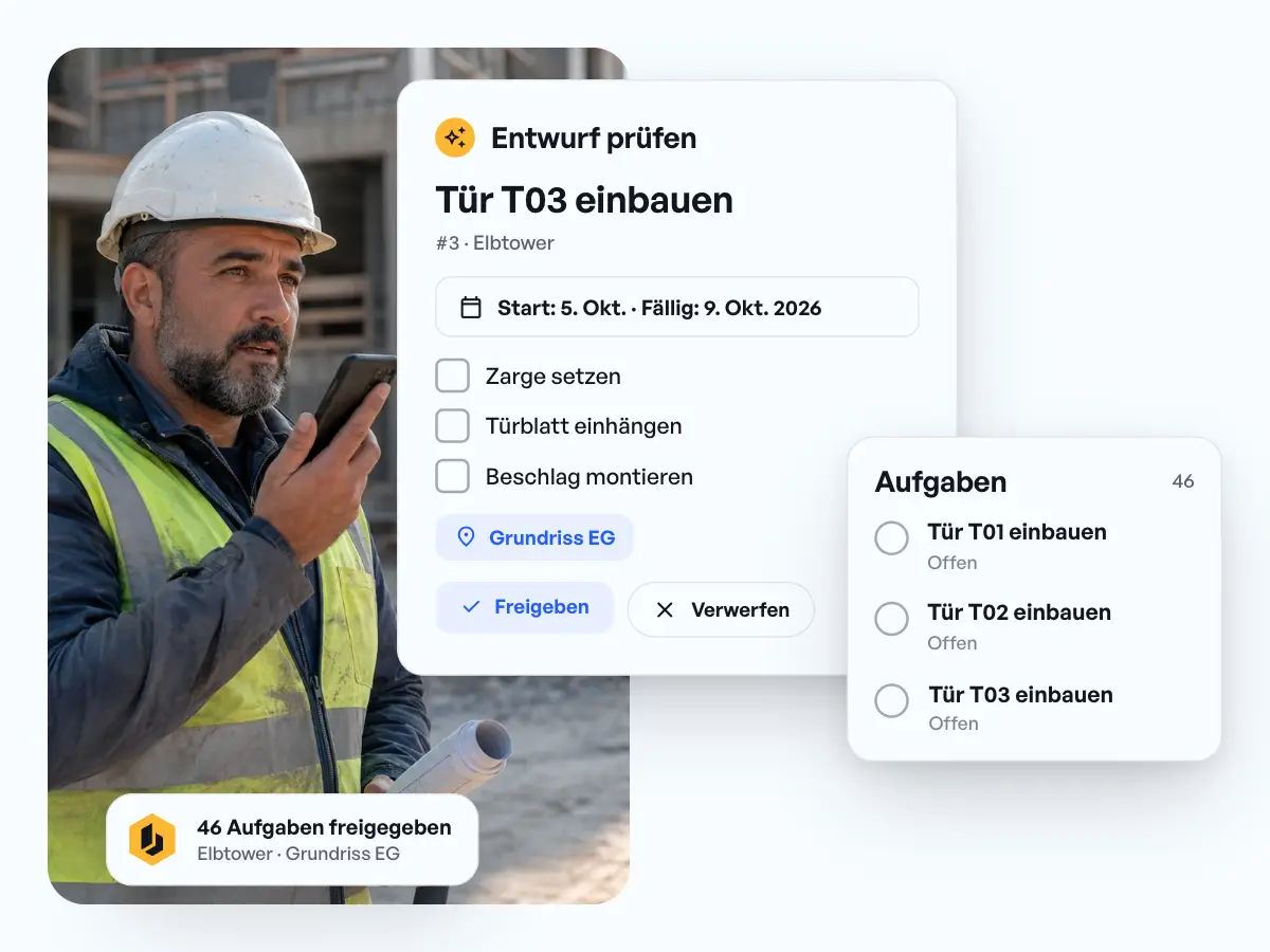 Entwurf von Ben: Tür T03 einbauen mit Termin, Checkliste und Ort, Knöpfe Freigeben und Verwerfen, danach 46 freigegebene Aufgaben
