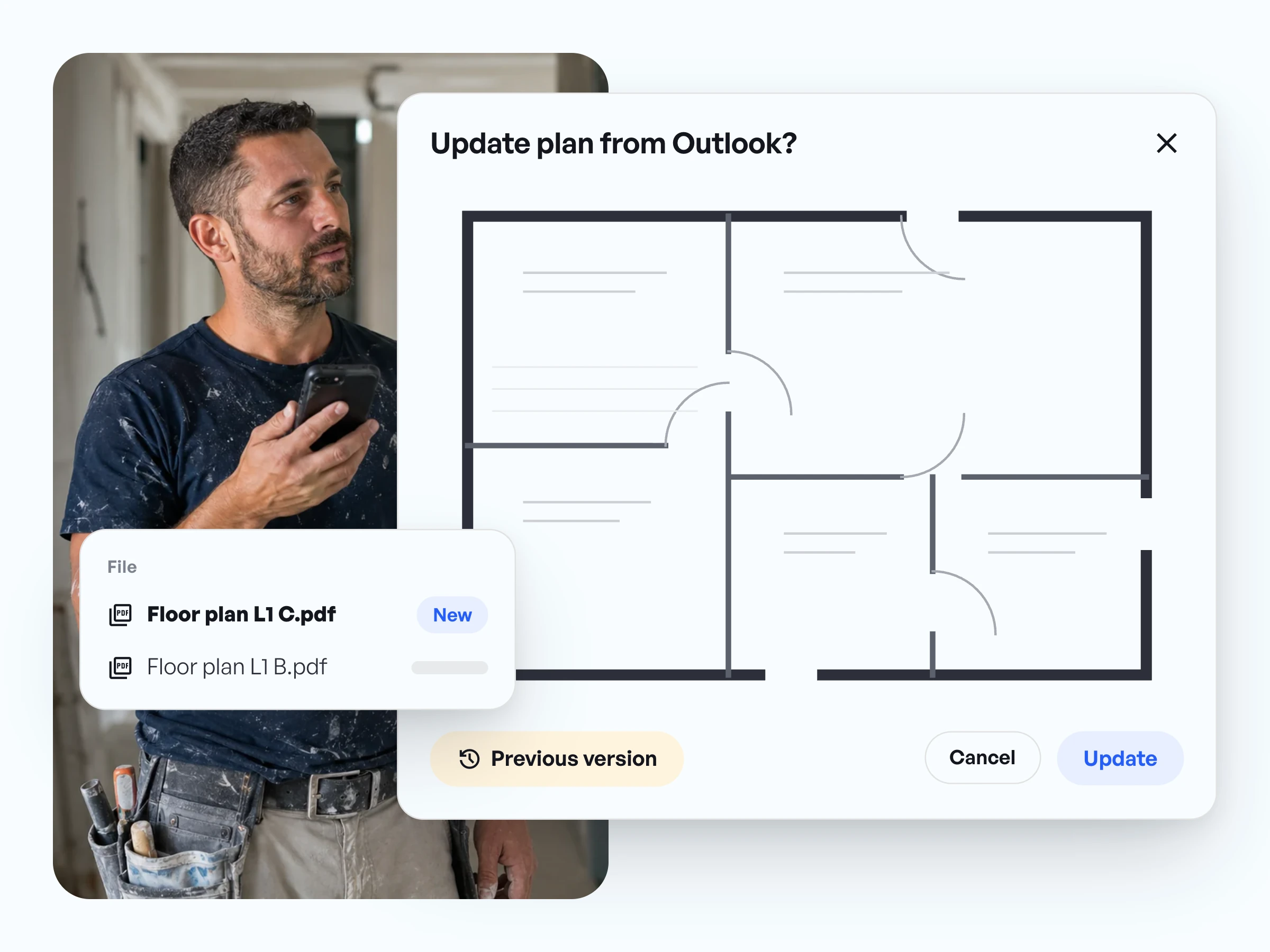 Preview of the new plan with the buttons Previous version, Cancel, and Update, next to the file list