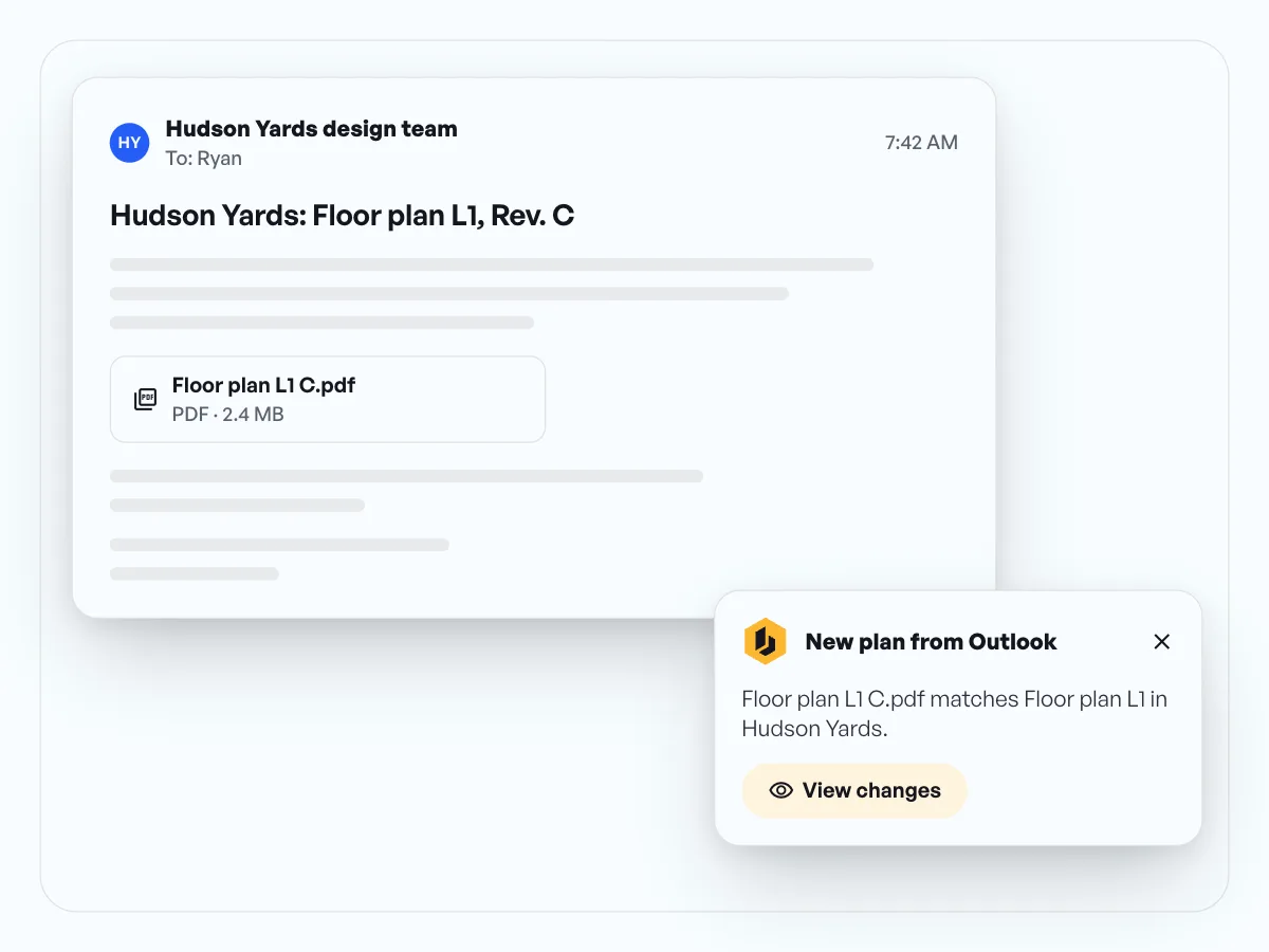Email from the architect with the attachment Floor plan L1 C.pdf, next to the alert "New plan from Outlook" with View changes