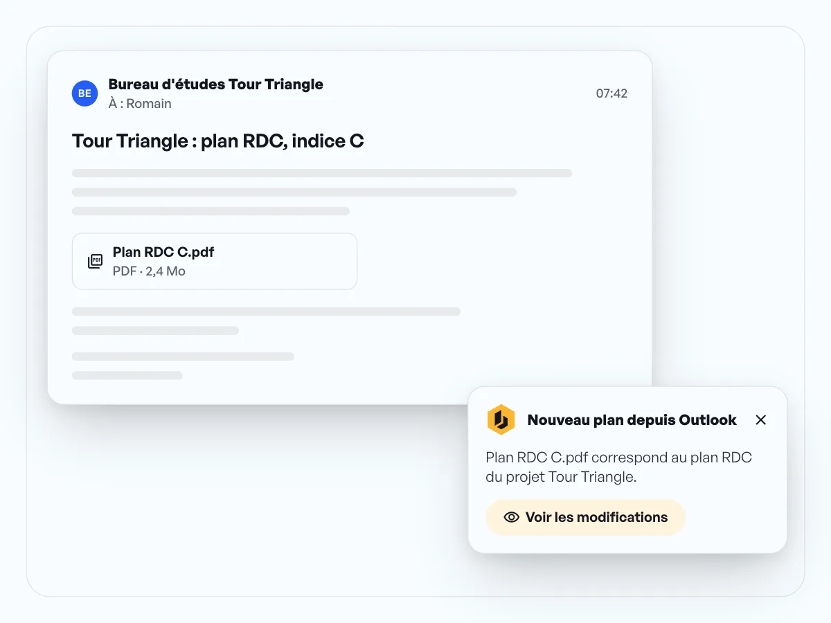 E-mail du bureau d’études avec la pièce jointe Plan RDC C.pdf, à côté du message « Nouveau plan depuis Outlook » avec Voir les modifications.
