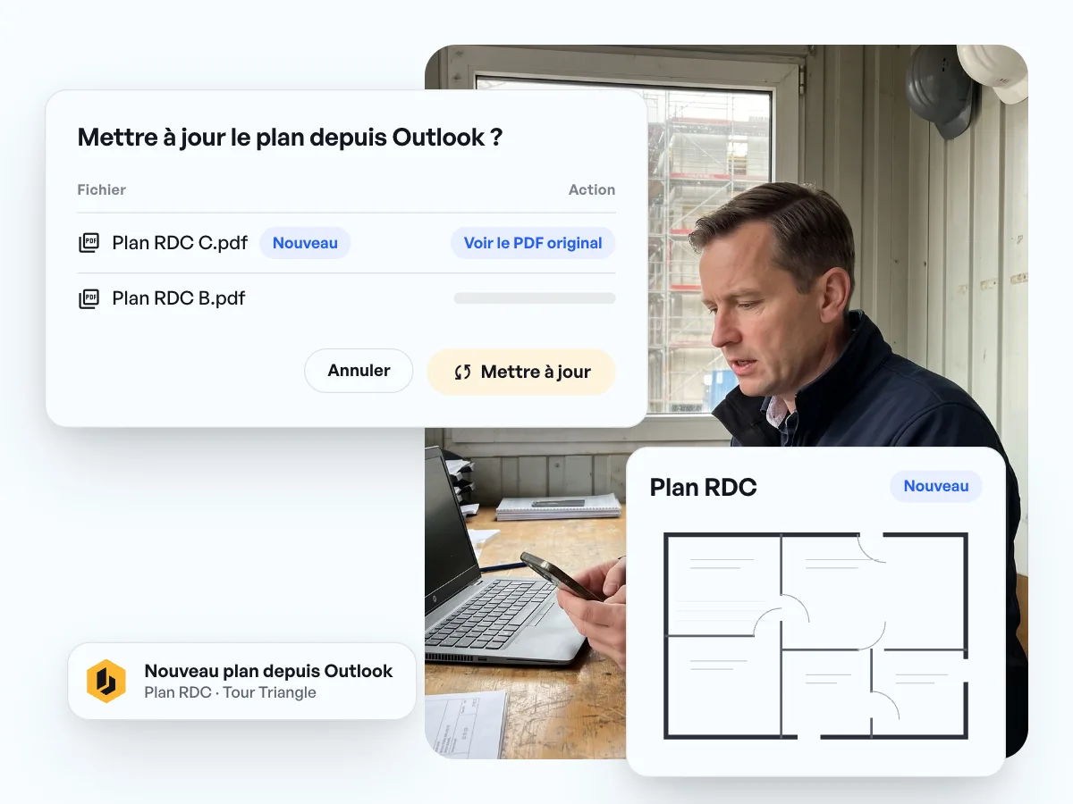 Fenêtre « Mettre à jour le plan depuis Outlook ? » avec le nouveau plan du rez-de-chaussée, l’étiquette Nouveau et les boutons Annuler et Mettre à jour.