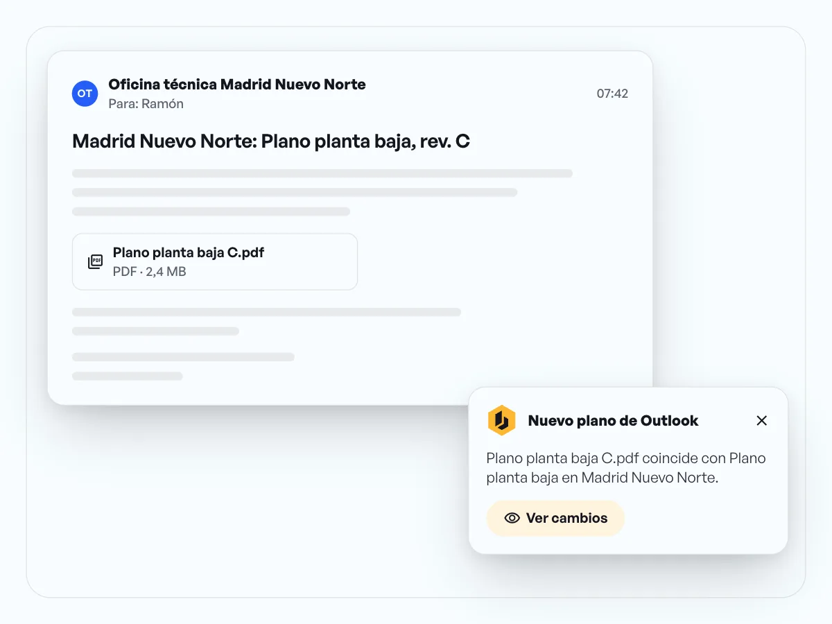 Correo del estudio técnico con el adjunto Plano planta baja C.pdf y, al lado, el aviso «Nuevo plano de Outlook» con Ver cambios