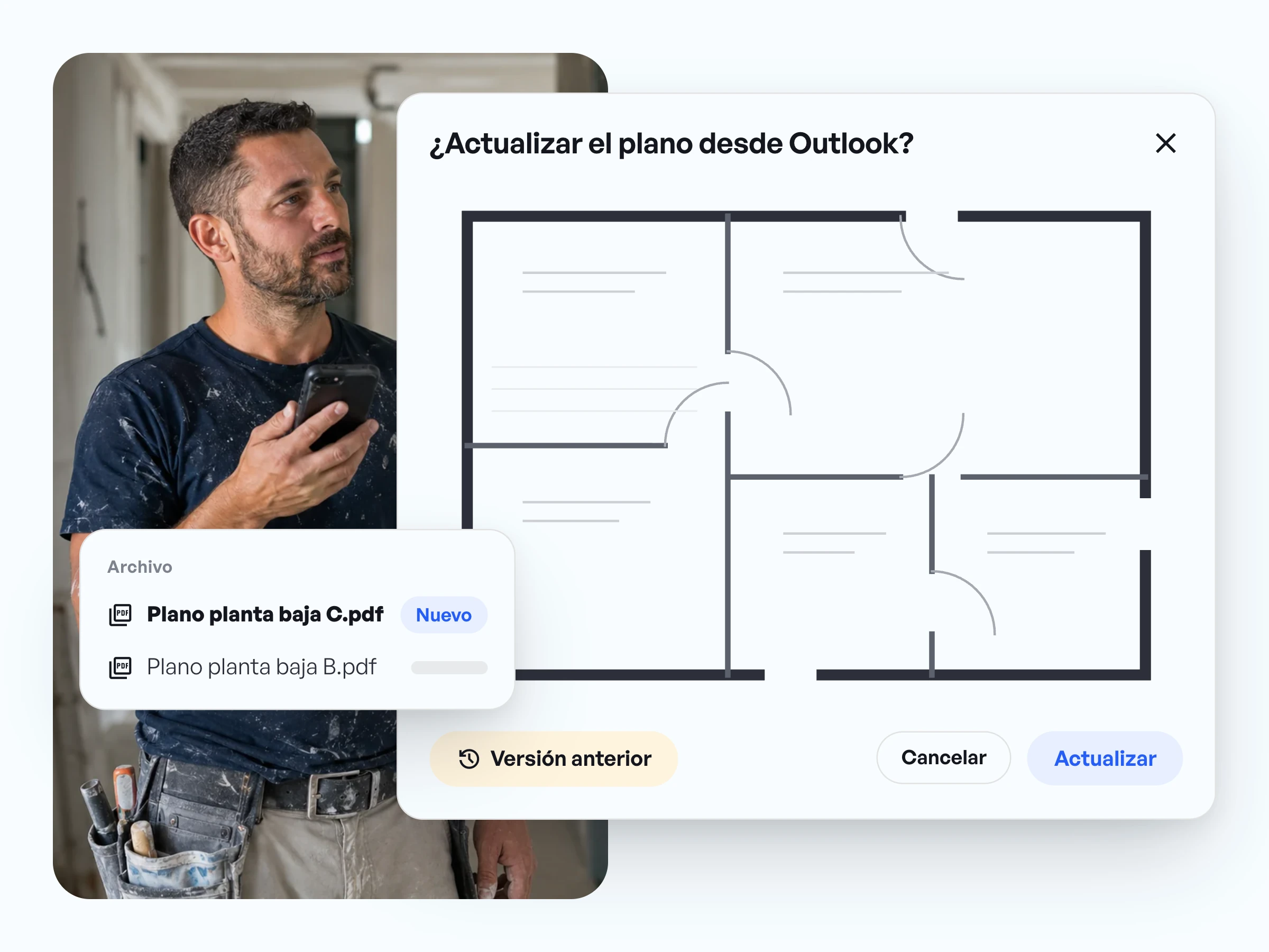 Vista previa del nuevo plano con los botones Versión anterior, Cancelar y Actualizar y, al lado, la lista de archivos