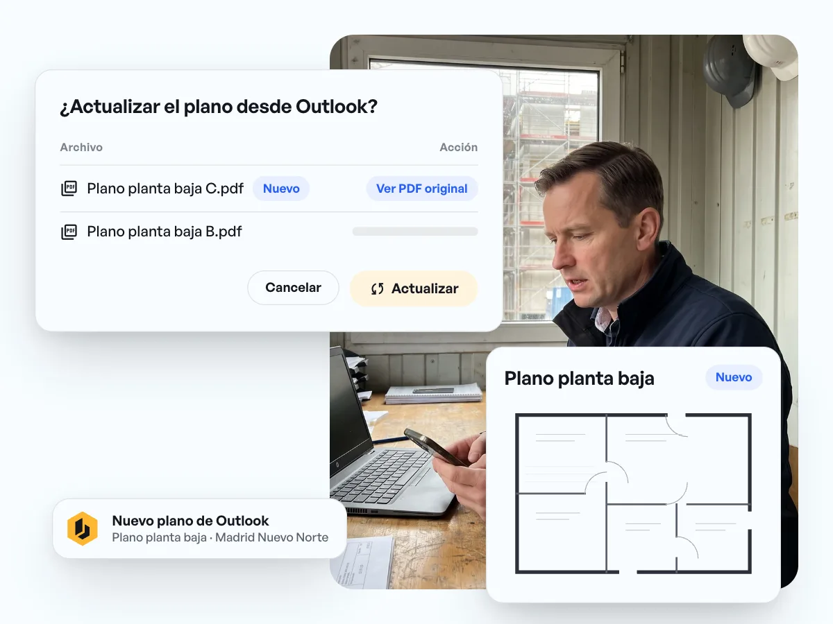 Ventana «¿Actualizar el plano desde Outlook?» con el nuevo Plano planta baja, la etiqueta Nuevo y los botones Cancelar y Actualizar