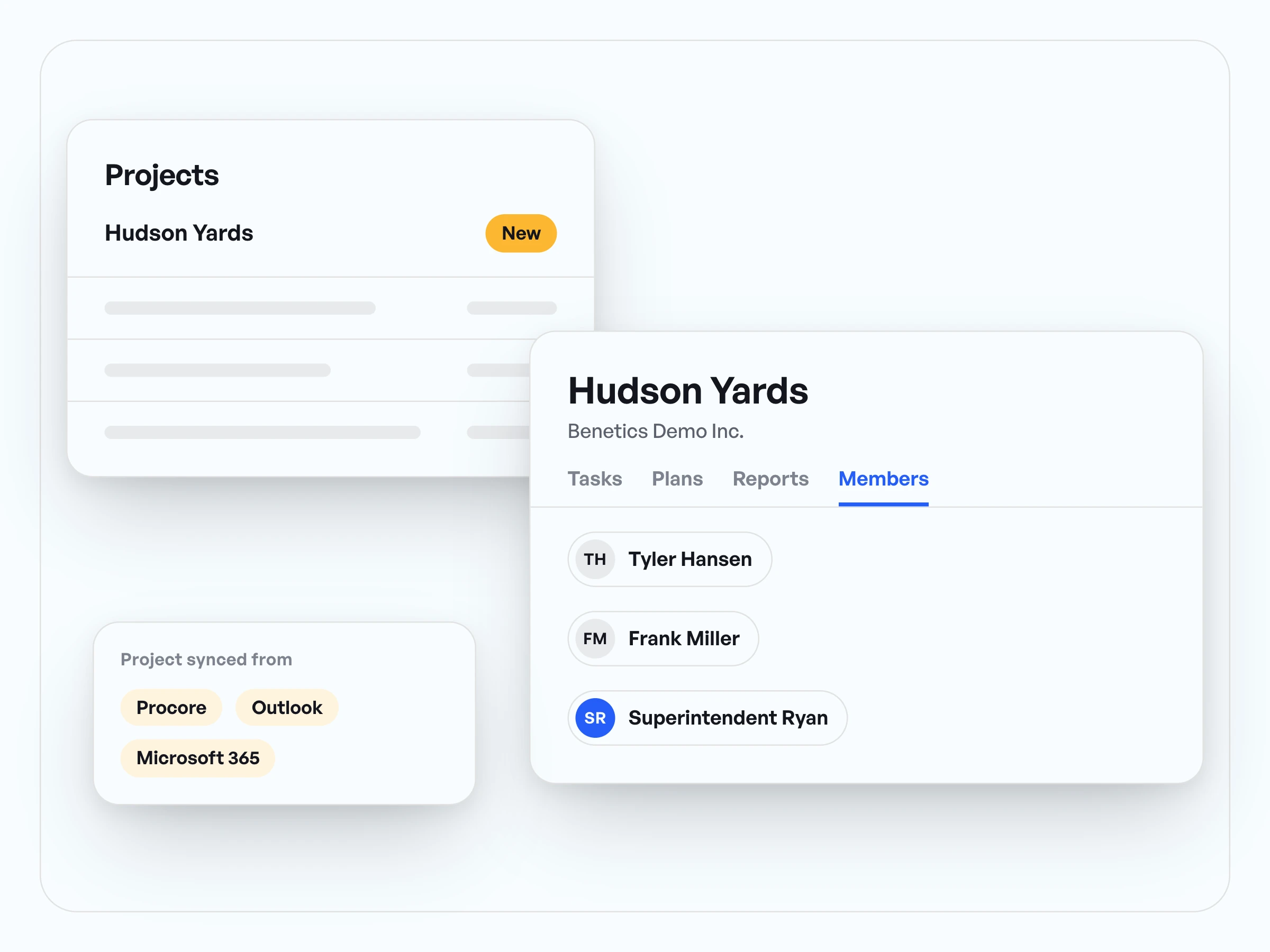New Hudson Yards project in the project list, with address and members below, connected with Procore, Outlook, and Microsoft 365