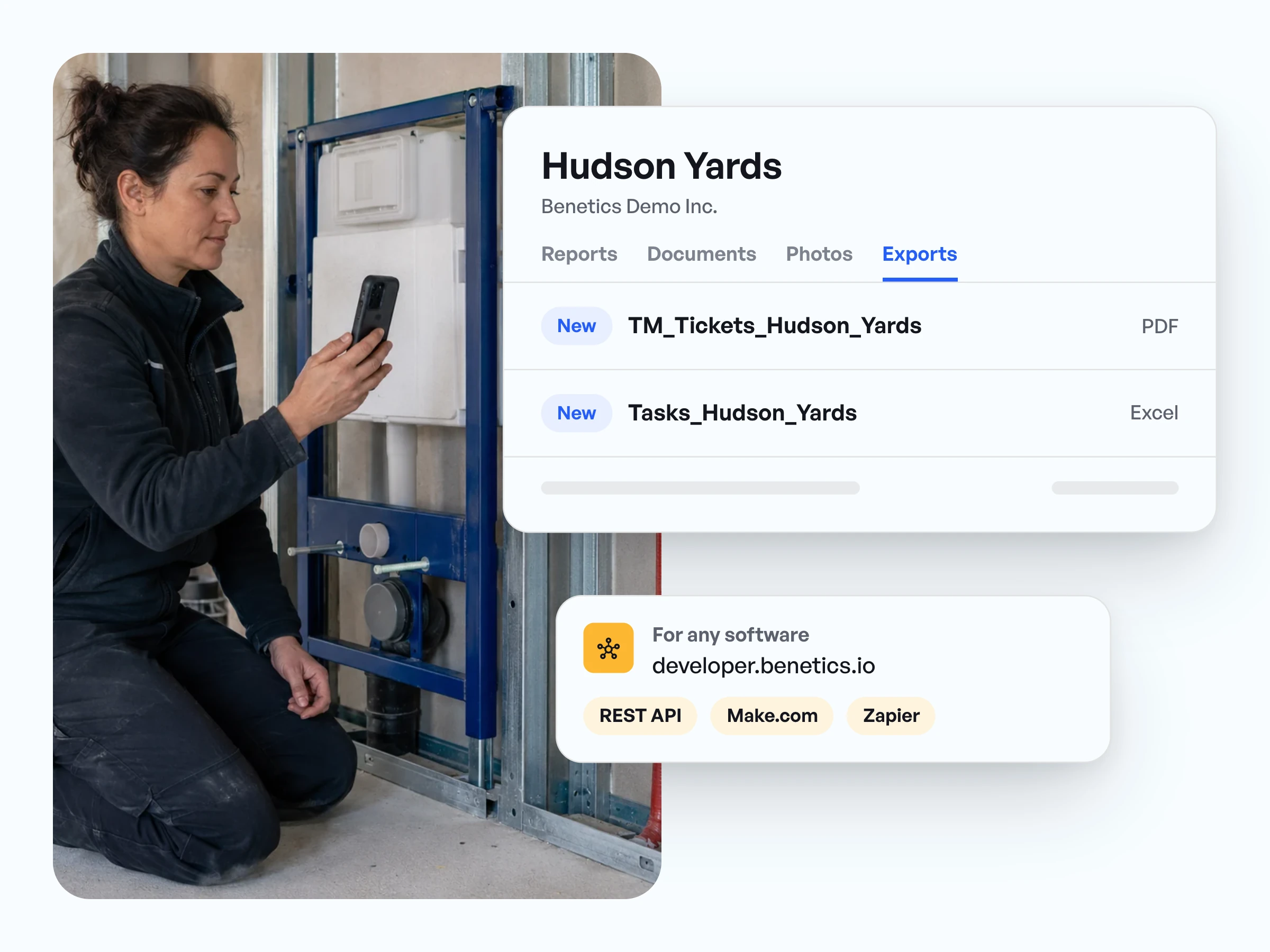 Exports tab in the Hudson Yards project with T&M tickets as PDF and tasks as Excel, plus REST API, Make.com, and Zapier