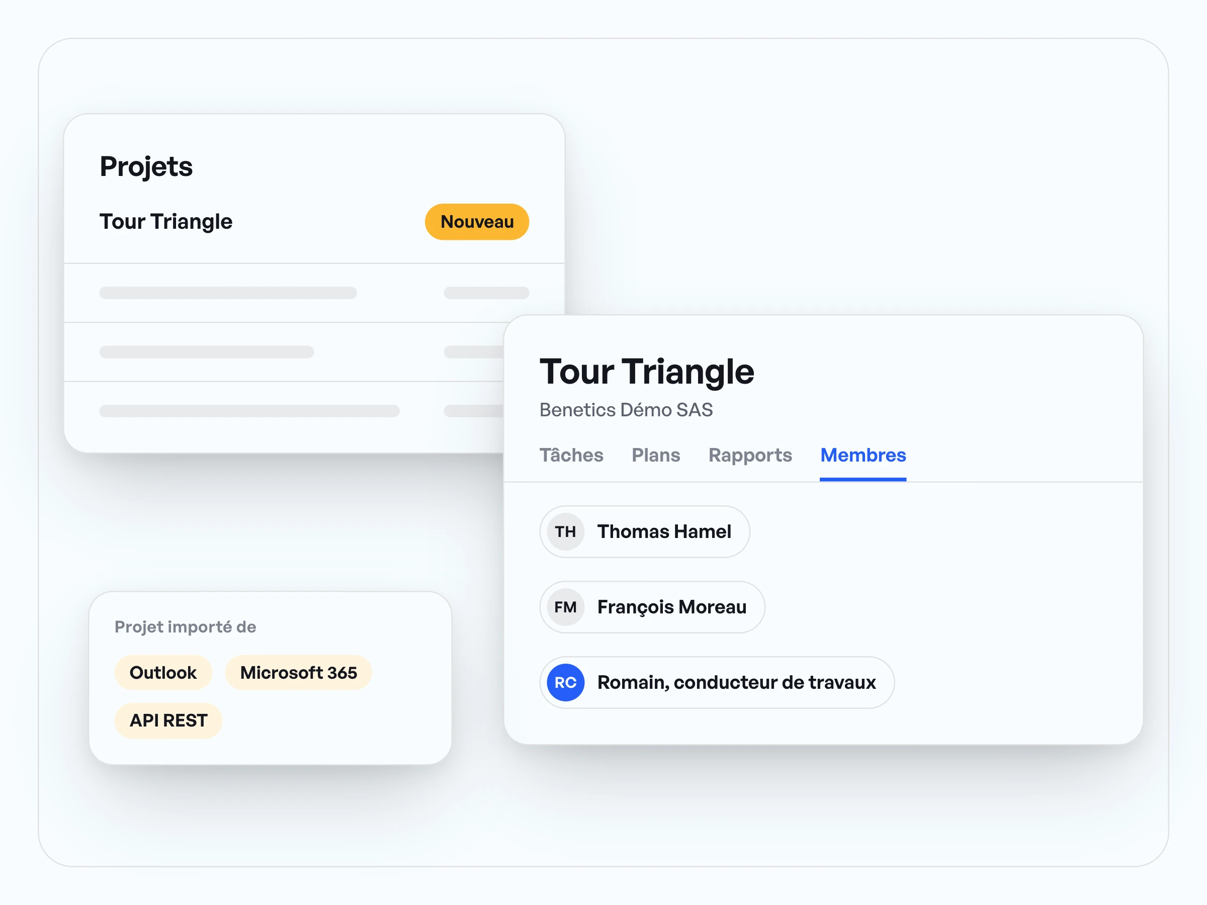 Nouveau projet Tour Triangle dans la liste des projets, avec adresse et membres, connecté à Outlook, à Microsoft 365 et à l’API REST.